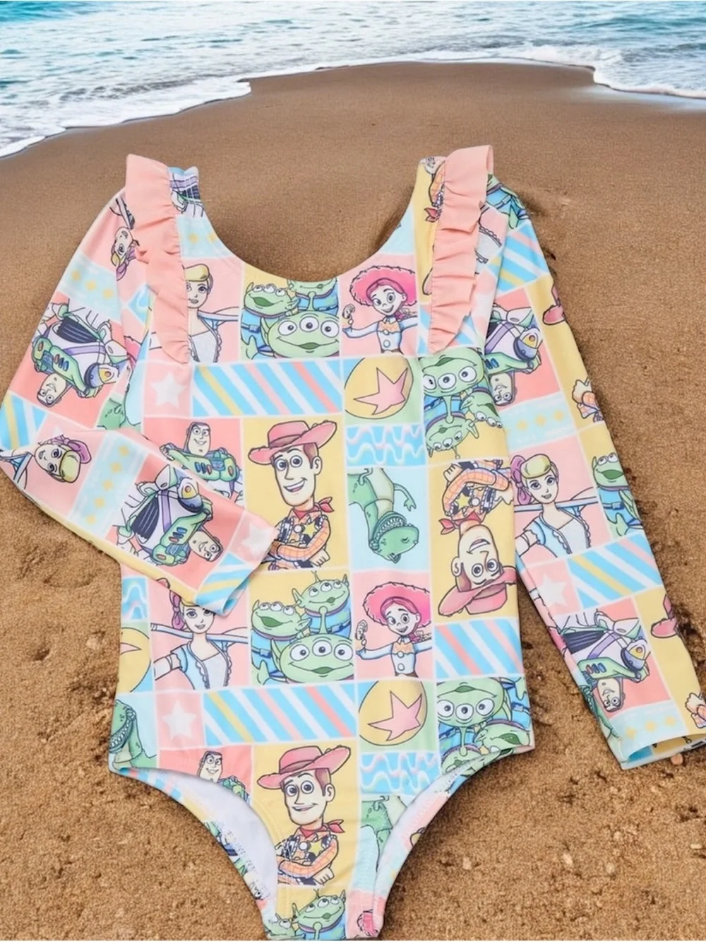 Disney Toy Story Girls One-Piece Long Sleeve Swimsuit in Pastel Multicolor